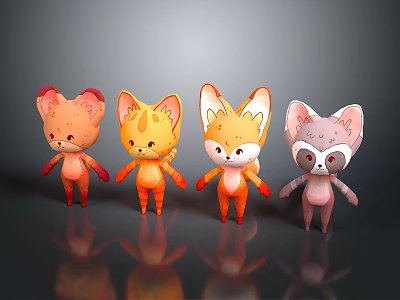 Four Adorable Cartoon Animal Characters With Playful Designs And Bright Colors 3d model