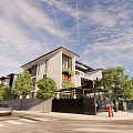 Modern Urban Neighborhood With High Rise Buildings Tree Lined Streets Vehicles And Pedestrians