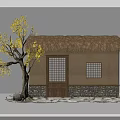Thatched Cottage With Stone Base Wooden Door Lattice Windows And Yellow Leaf Tree