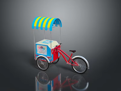 Red Bicycle with Blue and Yellow Striped Canopy and Blue White Cart 3d model