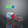Red Bicycle with Blue and Yellow Striped Canopy and Blue White Cart