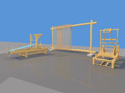 Yellow Wooden Frame Structures With Various Designs On Blue And Gray Floor 3d model