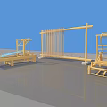 Yellow Wooden Frame Structures With Various Designs On Blue And Gray Floor 3d model