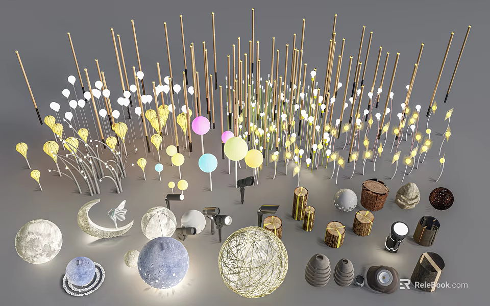 Decorative Outdoor Lights With Various Designs Different Shapes And Colorful Elements 3d model