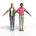 Man In Pink Shirt And Beige Pants Standing With Woman Arms Outstretched On White Background