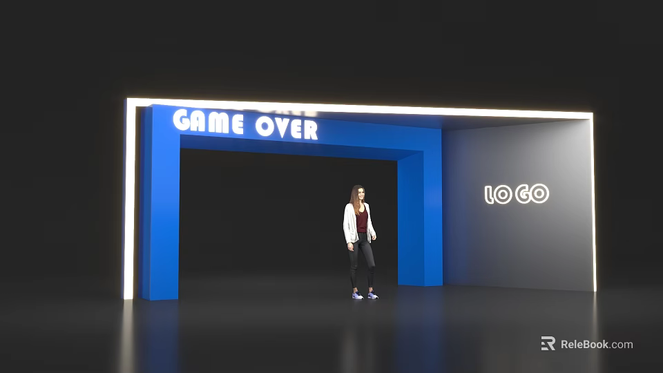 Blue Archway With Game Over Text And Logo Featuring Person Standing Under 3d model 