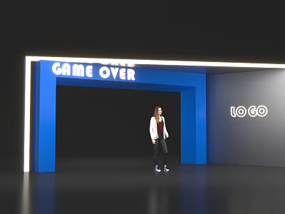 Blue Archway With Game Over Text And Logo Featuring Person Standing Under 3d model
