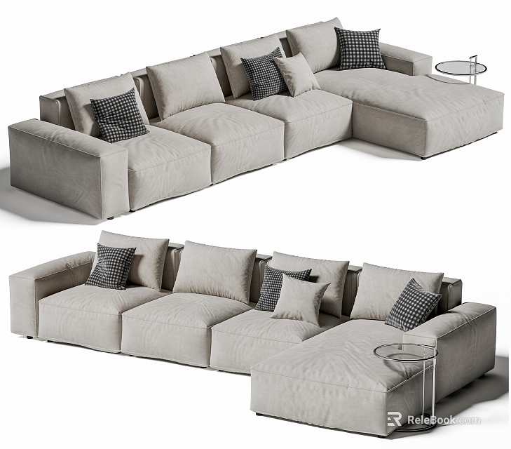 Modern Sectional Sofa With Light Beige Fabric Plush Cushions And Side Table 3d model 