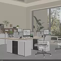 Modern Minimalist Office Space With Desks Computers Chairs Plants And Large Windows