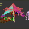 Cartoon Scene With Colorful Tent String Lights Table Chairs Rug And Camel