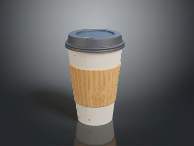 Disposable Coffee Cup With White Paper Body Brown Ribbed Sleeve And Black Lid 3d model