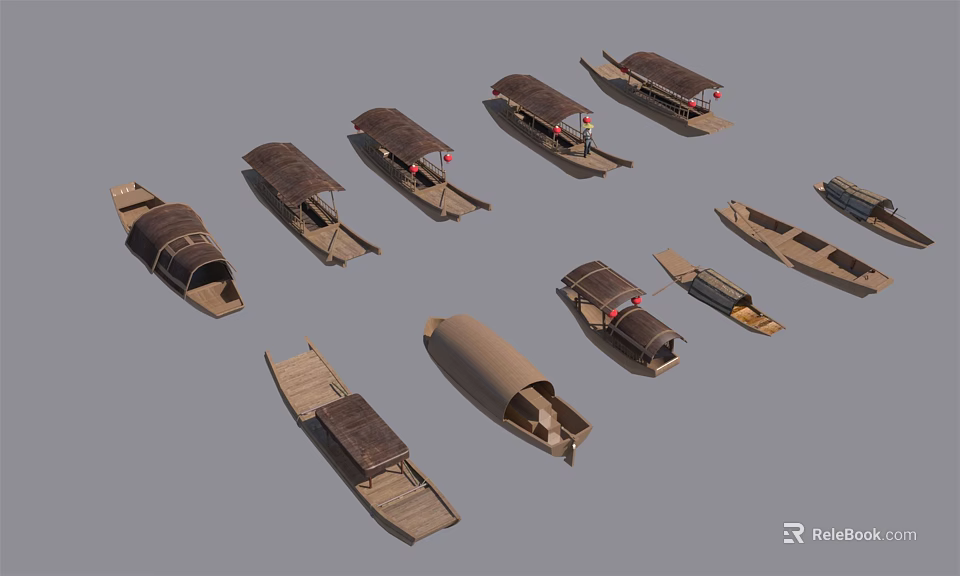 Various Traditional Wooden Boats With Different Designs And Classic Structures 3d model 