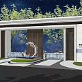 Modern White Building Exterior Wall With Glass Windows Green Trees Water Fountain And Night Sky