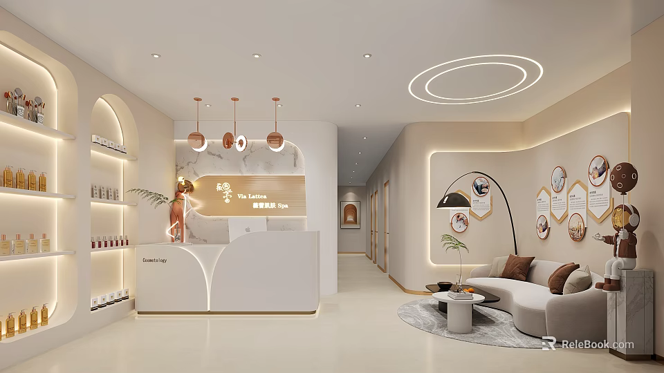 Modern SPA Sauna Interior With Curved Reception Counter Sofa Product Display And Decorative Lights 3d model 