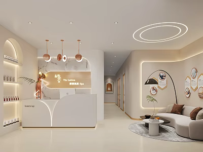 Modern SPA Sauna Interior With Curved Reception Counter Sofa Product Display And Decorative Lights 3d model