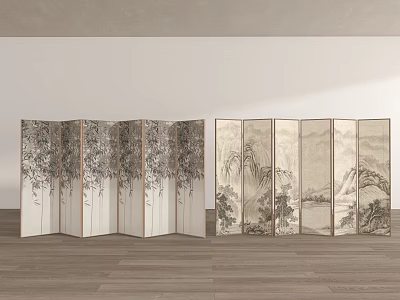 Traditional Chinese Folding Screens With Wooden Frame And Landscape Bamboo Prints 3d model