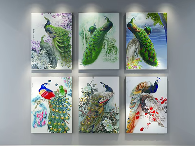 Beautiful Peacock Paintings With Colorful Feathers Various Poses And Floral Backgrounds 3d model