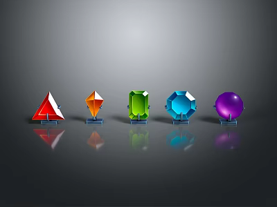 Colorful Gemstones In Different Shapes On Stands With Reflections Against Gray Background 3d model