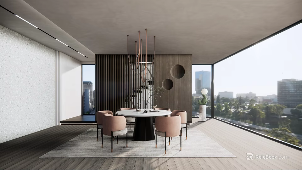 Modern Restaurant Interior With Round Dining Table Chairs And City View Windows 3d model