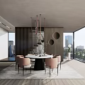 Modern Restaurant Interior With Round Dining Table Chairs And City View Windows 3d model