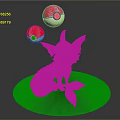 White Mythical Creature Sculpture on Green Circular Base with Floating Red and White Poké Balls