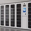 Industrial Equipment White Storage Cabinets With Glass Doors Multiple Shelves Display Screens And Control Panels