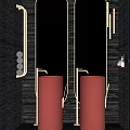 Modern Public Toilet Interior With Red Washbasins Black Tiled Walls And Brass Fixtures