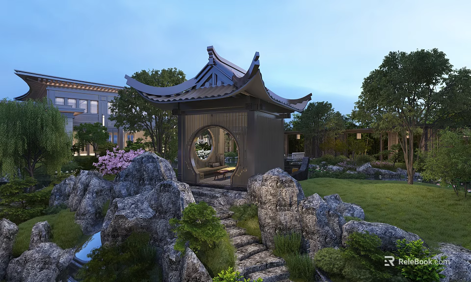 Traditional Chinese Garden With Pavilion Rock Formations Stone Path And Lush Greenery 3d model 