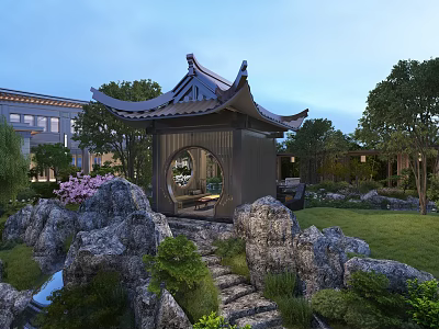Traditional Chinese Garden With Pavilion Rock Formations Stone Path And Lush Greenery 3d model