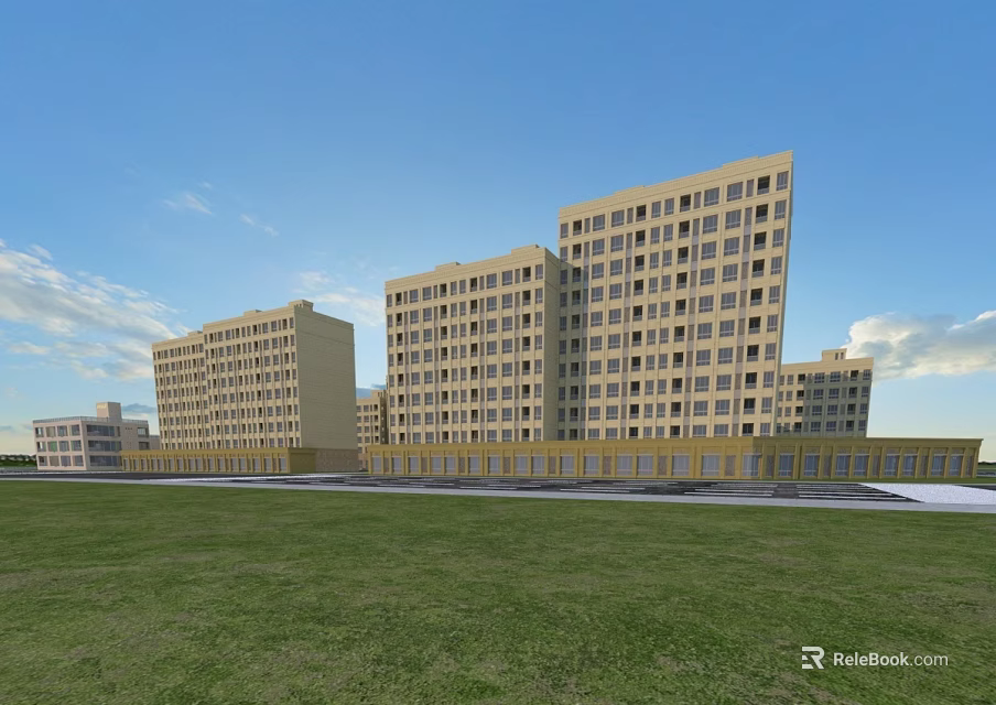 Yellow Multi Storey Residential Buildings With Green Lawn In Front And Blue Sky 3d model 