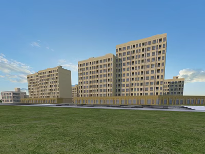 Yellow Multi Storey Residential Buildings With Green Lawn In Front And Blue Sky 3d model