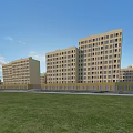 Yellow Multi Storey Residential Buildings With Green Lawn In Front And Blue Sky