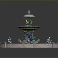Ornate Multi Tiered Fountain With Turquoise Gold Accents And Statues On Circular Base