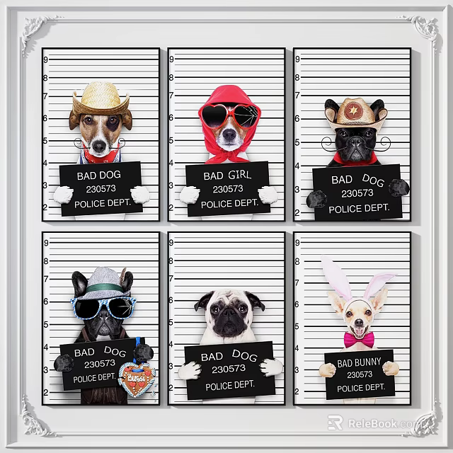 Animal Paintings of Dogs Rabbit Wearing Hats Sunglasses Holding BAD Signs Police Lineup Style 3d model 
