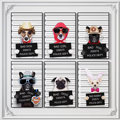 Animal Paintings of Dogs Rabbit Wearing Hats Sunglasses Holding BAD Signs Police Lineup Style 3d model