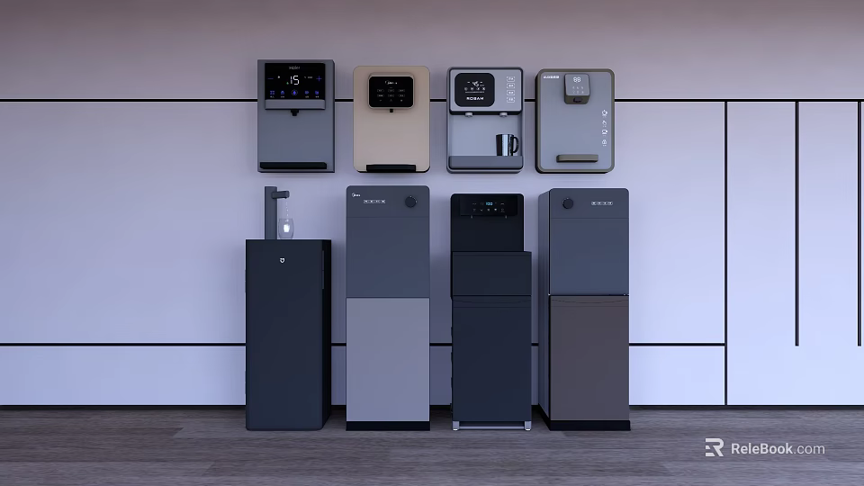 Modern Kitchen With Multiple Water Dispensers In Different Styles And Colors 3d model 