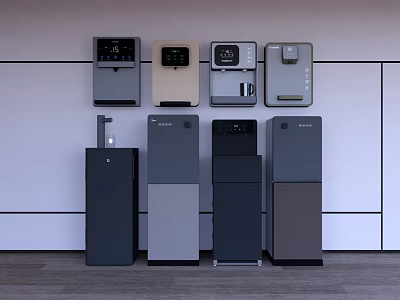 Modern Kitchen With Multiple Water Dispensers In Different Styles And Colors 3d model