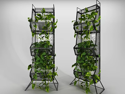 Multi Tier Metal Plant Stand With Green Hanging Vines For Garden Decoration 3d model
