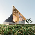 Unique Sales Office Building With Wooden Structure And Large Glass Windows In Green Field