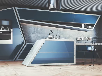 Modern Open Concept Kitchen Interior With Island Counter Cabinets And Appliances 3d model