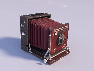 Retro Vintage Foldable Camera Featuring Red Bellows Black Body And Metal Parts 3d model