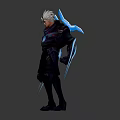 Futuristic Warrior Character With White Hair Glowing Core Black Outfit And Blue Energy Weapons