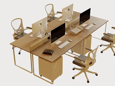 Modern Office Workstation Desk With Wooden Top Metal Frame Multiple Monitors Keyboards And Ergonomic Chairs 3d model