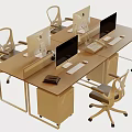 Modern Office Workstation Desk With Wooden Top Metal Frame Multiple Monitors Keyboards And Ergonomic Chairs