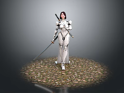 White Armored Female Warrior Character Wielding Dual Swords on Gravel Ground 3d model