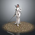 White Armored Female Warrior Character Wielding Dual Swords on Gravel Ground