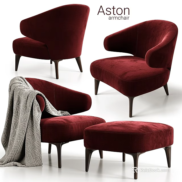 Elegant Burgundy Velvet Leisure Armchair With Wooden Legs And Matching Ottoman For Cozy Living Spaces 3d model 