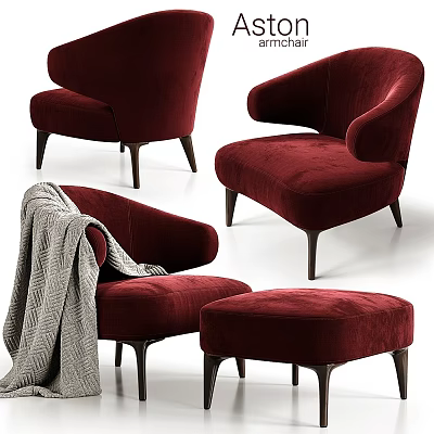 Elegant Burgundy Velvet Leisure Armchair With Wooden Legs And Matching Ottoman For Cozy Living Spaces 3d model