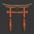 Traditional Japanese Torii Gate Architecture With Red Wooden Structure Green Roof And Decorative Beams