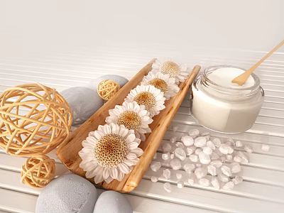 Home Living Essentials With Wooden Tray Sunflowers Pebbles Wicker Balls And Cream Jar 3d model